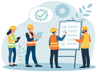 “Construction Workers Safety Training Illustration – Workplace Safety, Engineering Team Meeting, Occupational Health and Checklist Concept in Flat Vector Style”