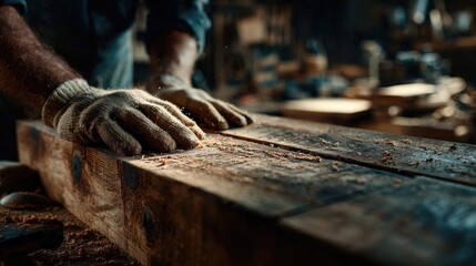 Carpenter working with wood in workshop
