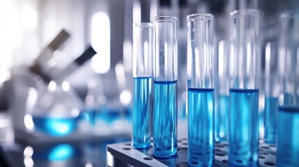 Blue liquid in lab test tubes, scientific research experiment scene