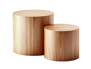 Two wooden pedestal cylinders of different heights- perfect for product display or decorative use. Isolated on transparent background- png.