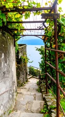 Naklejka premium Stone path leading to a lake view, lush plants