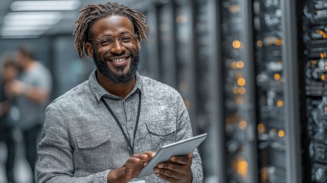 Happy data center administrator with tablet - Powered by Adobe