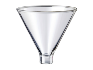Clear Glass Funnel with a wide opening and narrow tube- perfect for laboratory and kitchen use. Isolated on transparent background- png.