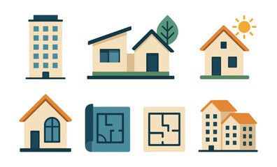 Flat design architectural icons featuring houses and floor plans for real estate projects