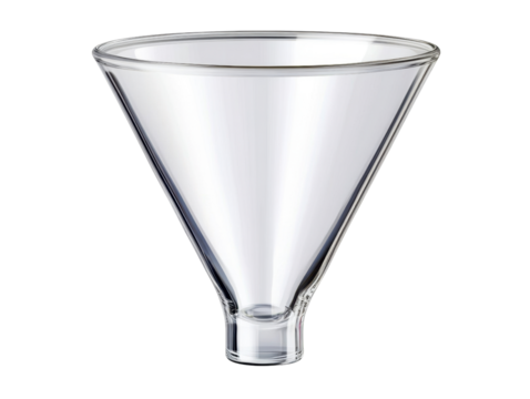 Clear Glass Funnel with a wide opening and narrow tube- perfect for laboratory and kitchen use. Isolated on transparent background- png.