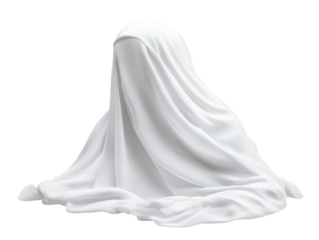 Mysterious draped figure with flowing white fabric in artistic display