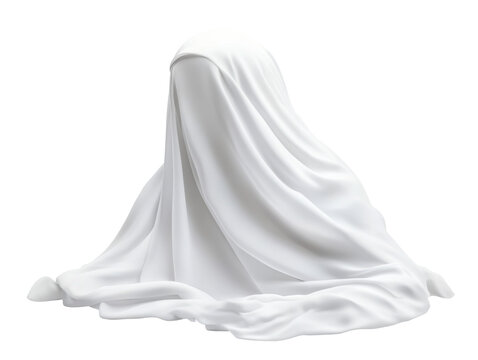 Mysterious draped figure with flowing white fabric in artistic display