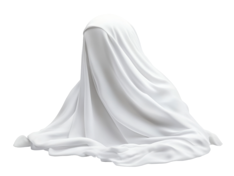 Mysterious draped figure with flowing white fabric in artistic display