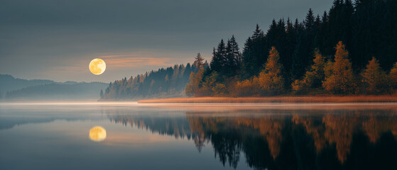 beautiful autumn (fall) nature scenery with full moon shining over lake surface; forest wide banner without people