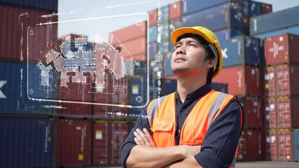 Man with arms crossed, wearing safety vest and yellow hardhat against a backdrop of stacked shipping containers with graphic overlay - Powered by Adobe