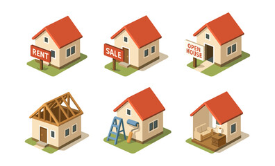 Isometric real estate homes for rent sale and construction