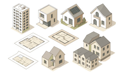 Modern isometric building collection with floor plans for architectural design