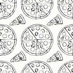 Hand-drawn pizza seamless pattern sketch black and white vintage illustration