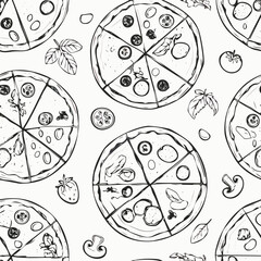 Hand-drawn pizza seamless pattern sketch black and white vintage illustration