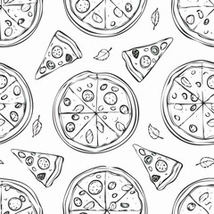 Hand-drawn pizza seamless pattern sketch black and white vintage illustration