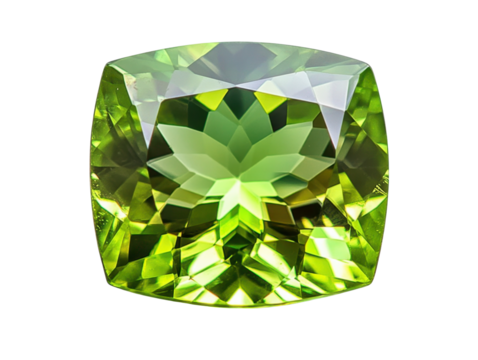 Lush Green Peridot With Exquisite Cut. This stunning gemstone features a rich green hue and exceptional clarity- perfect for high-end jewelry pieces. Isolated on transparent background- png.