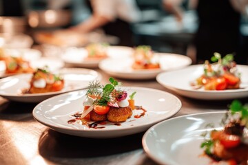 Plated appetizers in a professional kitchen
