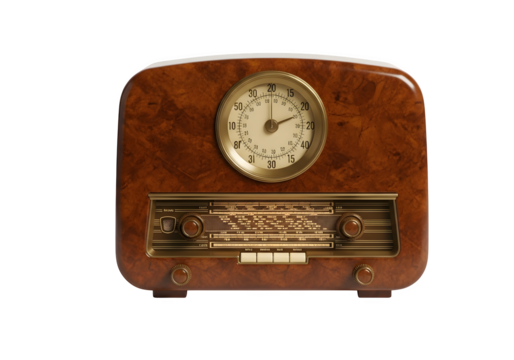 Antique wooden radio with clock isolated on transparent background, a vintage piece of technology for listening to music and news broadcasts
