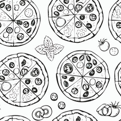 Hand-drawn pizza seamless pattern sketch black and white vintage illustration