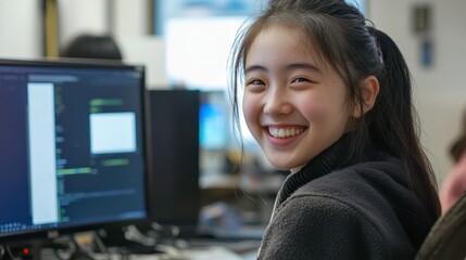 Happy Female Student Smiling While Using Computer in Classroom Setting