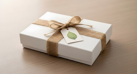 A beautifully wrapped gift box with a rustic ribbon and a green leaf tag, presented on a warm wooden surface, symbolizing the joy of giving and the appreciation of nature.