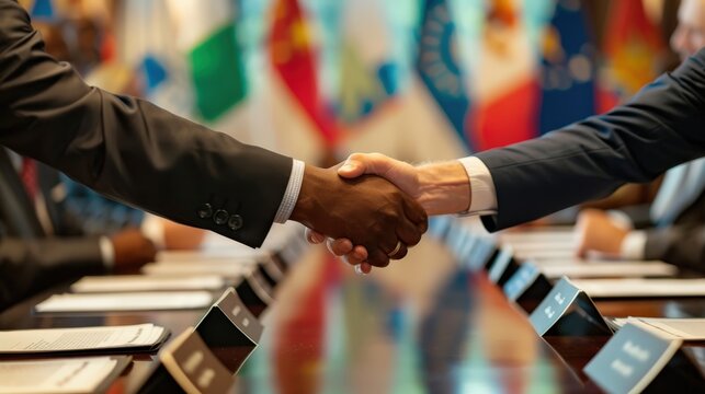 Diplomats in suits shake hands across a conference table, with international flags in the background, symbolizing a successful global agreement and cooperation