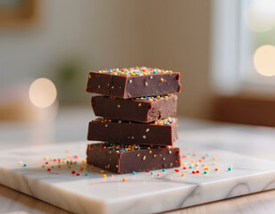 A stack of dark chocolate squares with sprinkles scattered around them on a square marble plate on a table