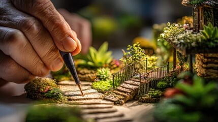 Landscape designer paints details on a miniature imaginative garden diorama, featuring vibrant plants, a staircase, and whimsical scenery for a creative project