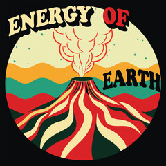 Retro Earth Energy Volcano Illustration Nostalgic Environmental Awareness Imagery and Design Featuring Vintage Typography and Earthy Tones for Conservation Awareness