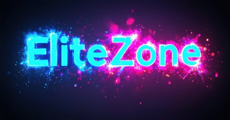 Bright text reads EliteZone against dark background. Vibrant colors, pinks, blues create energetic visual effect. Particles add dynamic feel.