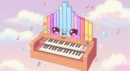 Cartoon Musical Instrument with Cute Eyes and Pastel Colors Illustration