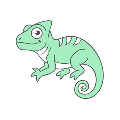 Cartoon Green Chameleon with a Swirly Tail Isolated on White Background