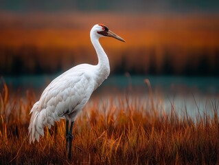 White crane standing in colorful autumn marsh near water, framed against a blurred, vibrant wetland landscape, symbolizing wildlife and environmental beauty