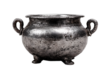 Antique silver cauldron with handles and feet on black background