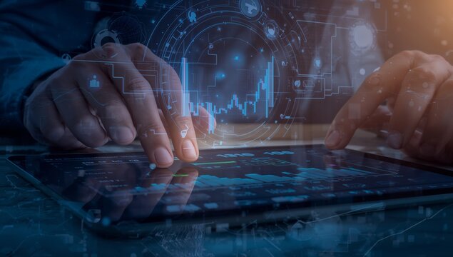 Close up of hands interacting with a futuristic digital interface and glowing data streams - Powered by Adobe