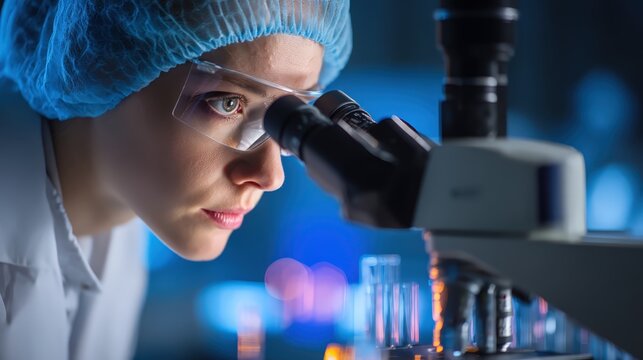 Pharmacist in lab attire examines samples under a microscope in a laboratory setting, ensuring drug safety and conducting quality control analysis in a modern environment - Powered by Adobe