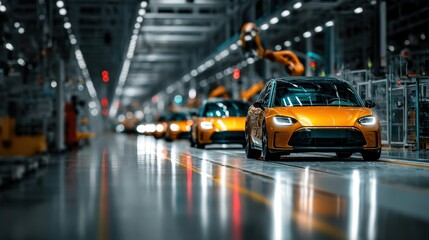 Fototapeta premium Modern automated car production line with robotic arms assembling vehicles in a technologically advanced automotive factory