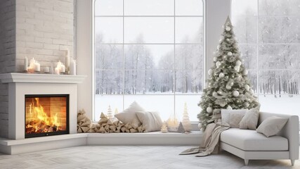 Winter interior of modern living room with fireplace, Christmas theme - Powered by Adobe