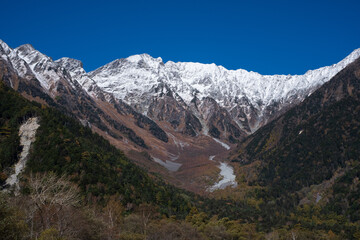 Snow-capped Japanese Alps with Autumn Foliage Under a Clear Blue Sky