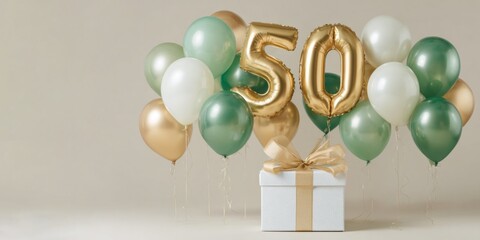 happy birthday greeting card - Golden number 50 text balloon surrounded by green and gold balloons with gift box for celebration anniversary events, isolated on beige bright background