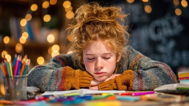 Tired schoolgirl falling asleep while studying - Powered by Adobe