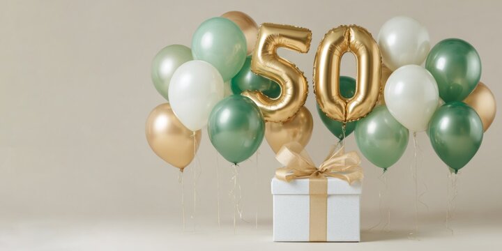 happy birthday greeting card - Golden number 50 text balloon surrounded by green and gold balloons with gift box for celebration anniversary events, isolated on beige bright background - Powered by Adobe