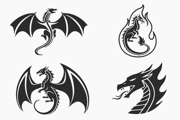 Four Stylized Black Dragon Illustrations.