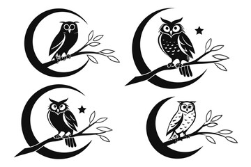 Four Stylized Owls Perched on Crescent Moons.