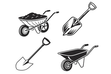 Garden Tools Wheelbarrow and Shovel Icons.