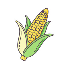 Obraz premium Cartoon Illustration of Fresh Corn on the Cob with Husk Leaves