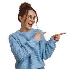 Excited woman pointing and smiling, perfect for advertising, promotions, or marketing campaigns