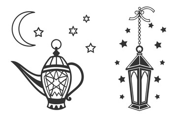 Islamic Crescent Moon and Lantern with Stars.