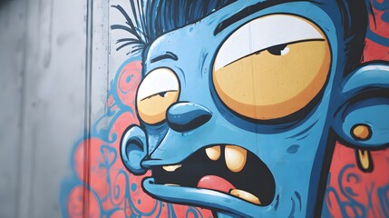 Obraz premium Vibrant Graffiti Art Featuring a Blue Character with Distinct Expression on Urban Wall
