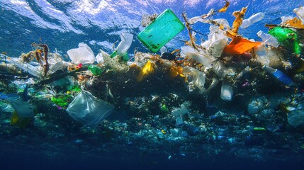 Plastic waste pollution in the ocean, ecological environment problem scene